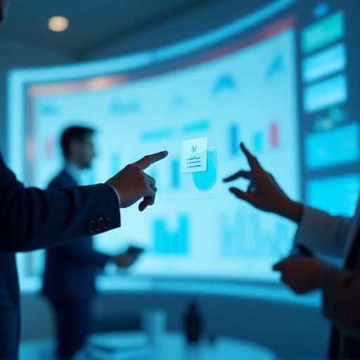 Consultants analyzing data on a digital whiteboard.